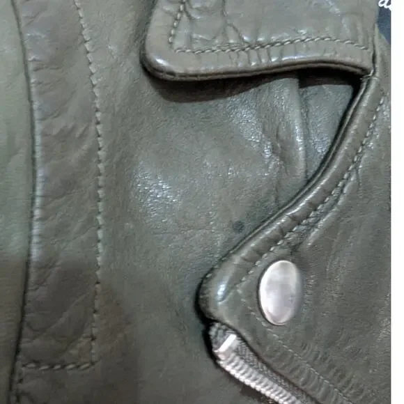 Madewell Washed Leather Motorcycle Jacket Dark Green Size XS Preowned - Picture 9 of 10